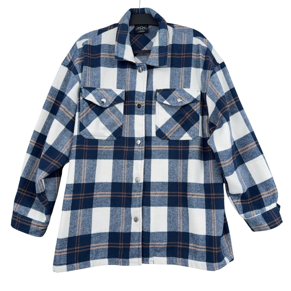 HFX Plaid Shirt Jacket Mens‎ XL Polyester Wool Blend Blue White Brown Shacket